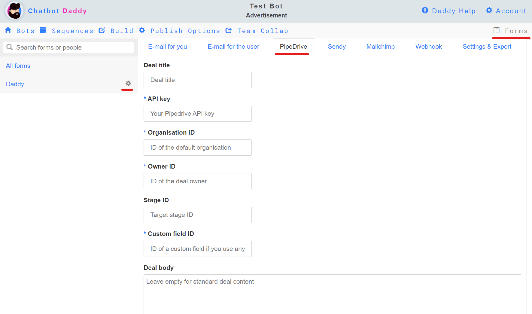 Pipedrive Chatbot Daddy Settings