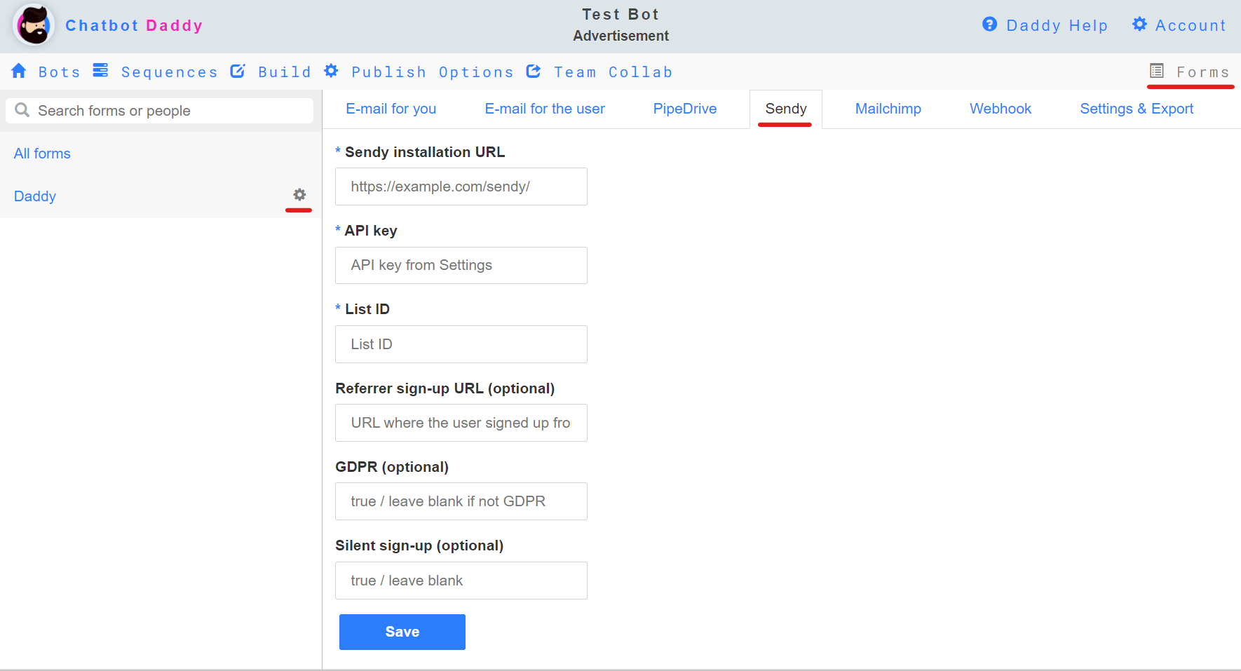Sendy Chatbot Daddy Settings